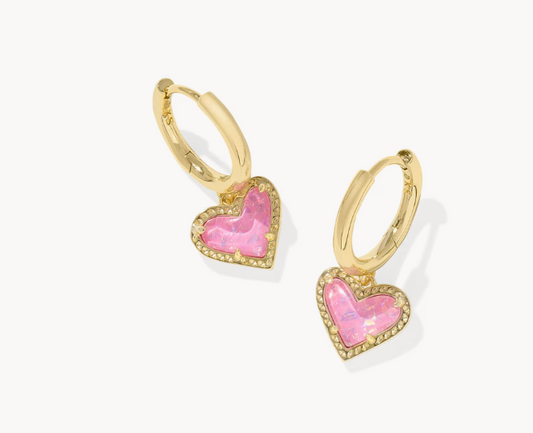 Ari Heart Huggie Earring Gold Pink Iridescent Glitter Glass