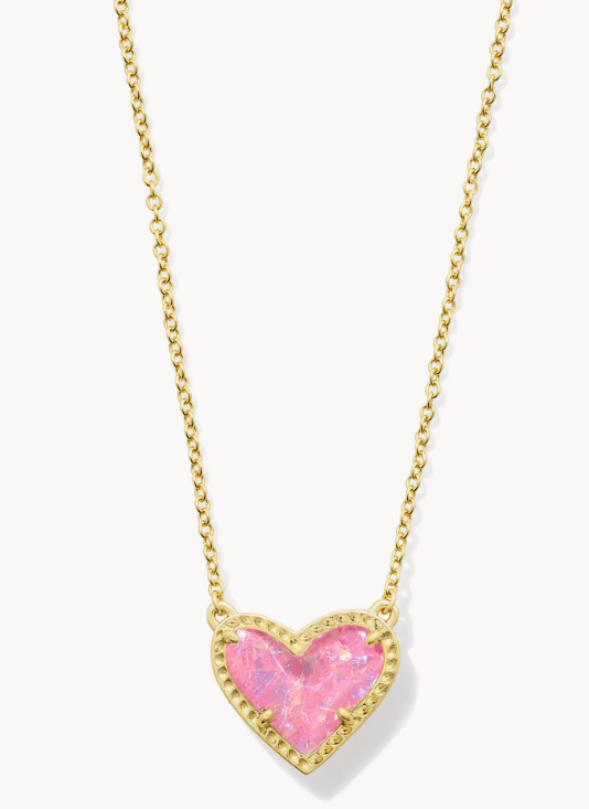 Ari Heart Short Pendant Necklace in Pink Iridescent Glitter Glass