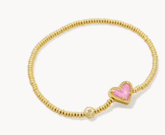Ari Heart Gold Stretch Bracelet Pink Iridescent Glitter Glass