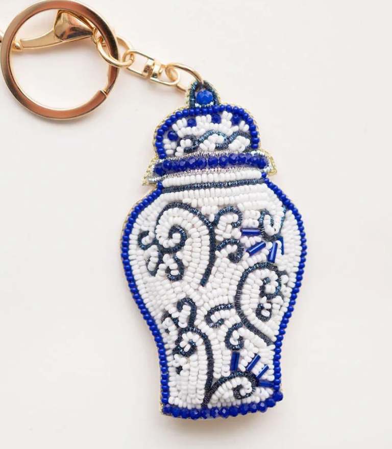 Blue Ginger Jar Hand Beaded Key Chain