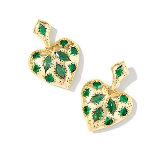 Holland Heart Drop Earrings Gold Green Crystal