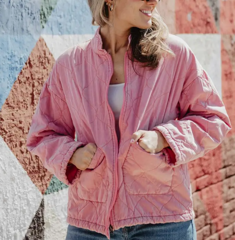 Size L Pink Garment Washed Quilted Jacket