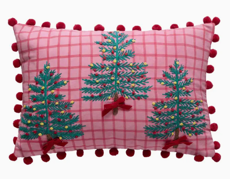 Pink Plaid Trees W/Pom Poms Pillow