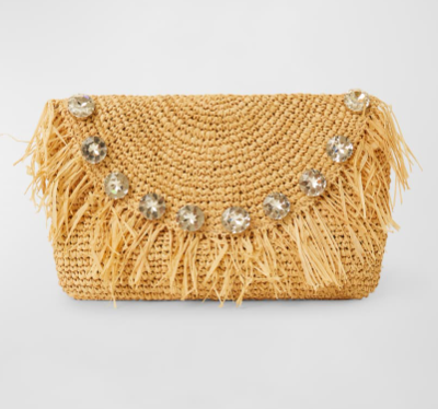 Sera Fringe Straw Clutch w/ Crystal Trim