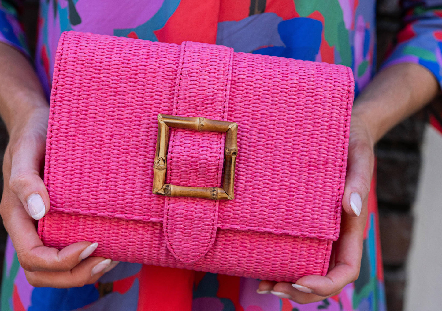 Janie Straw Clutch Hot Pink