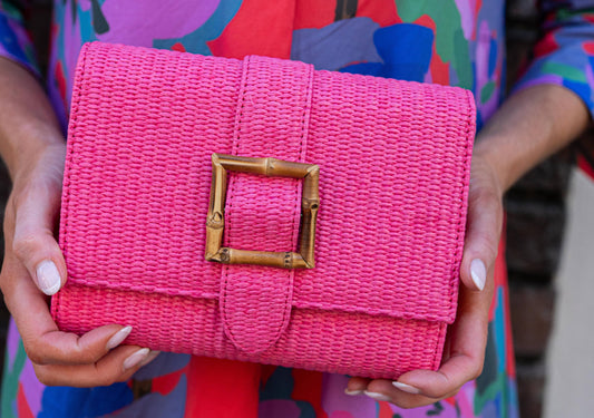 Janie Straw Clutch Hot Pink