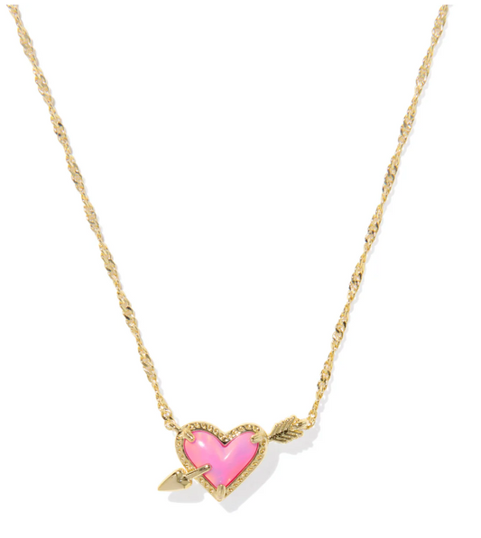 Ari Heart Arrow Pendant Necklace in Gold Pink Opalescent