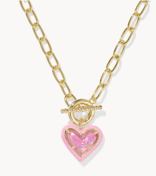 Ari Heart Gold Enamel Frame Link & Chain Necklace in Pink Glitter Glass