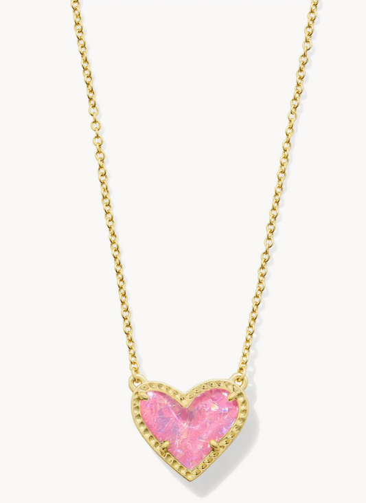 Ari Heart Short Pendant Necklace in Pink Iridescent Glitter Glass