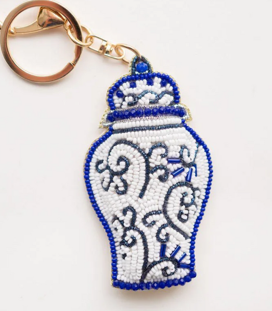 Blue Ginger Jar Hand Beaded Key Chain