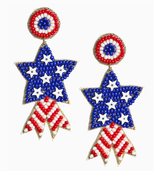 Blue Star Beaded Earrings - Red White & Blue
