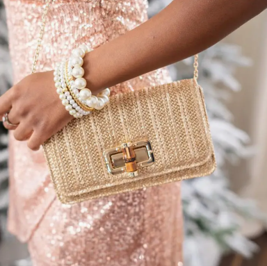 Gold Woven Straw Clutch - Bamboo Toggle