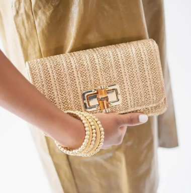 Gold Woven Straw Clutch - Bamboo Toggle