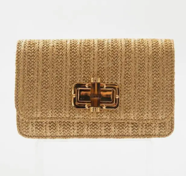 Gold Woven Straw Clutch - Bamboo Toggle