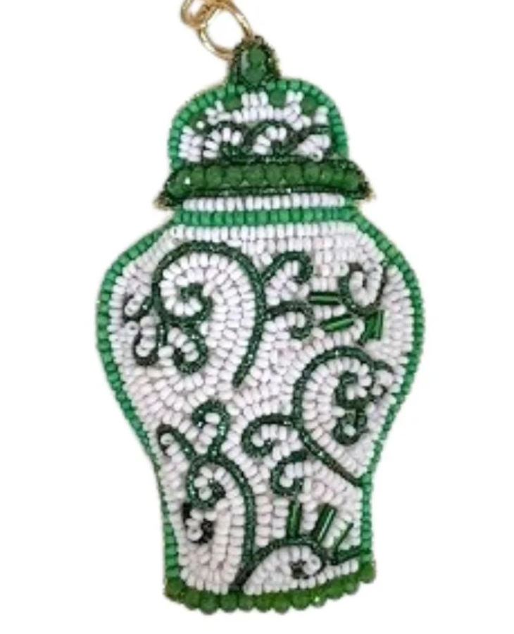 Green Ginger Jar Hand Beaded Key Chain