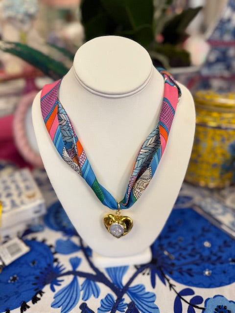 Colorful Twilly with Heart Pendant Scarf Necklace