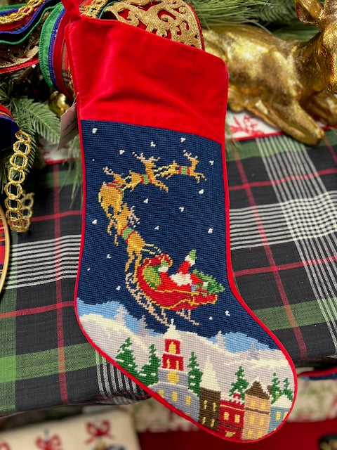 Santa and Reindeers Needlepoint Stocking