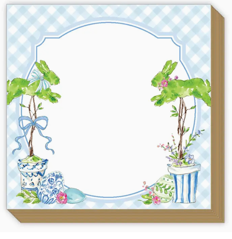 Bunny Topiaries W/ Blue Gingham Luxe Notepad