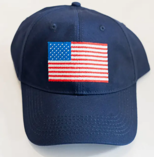 Needlepoint Baseball Hat - Flag in Navy