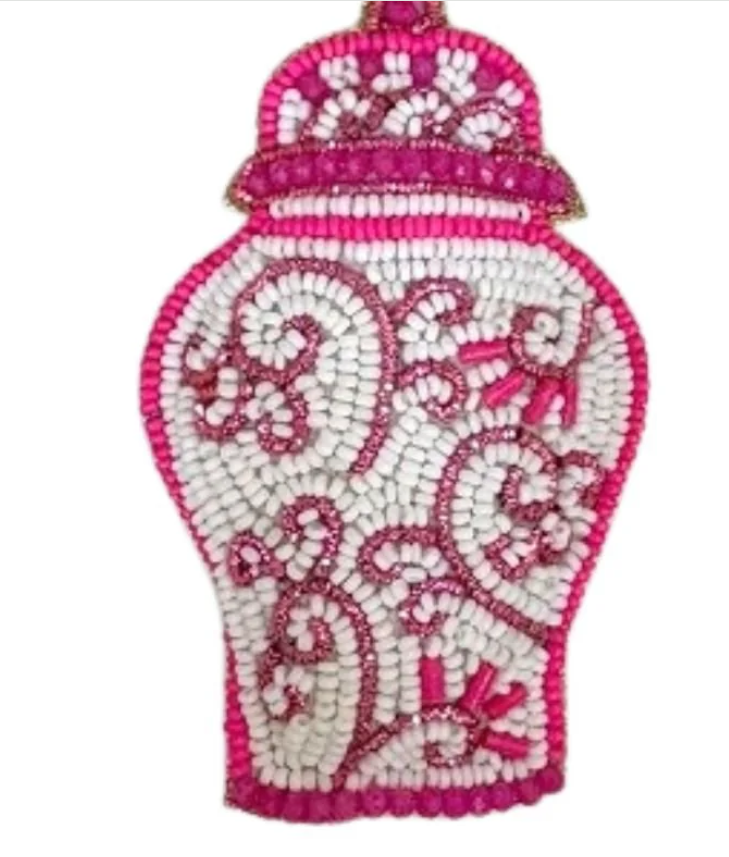 Pink Ginger Jar Hand Beaded Key Chain