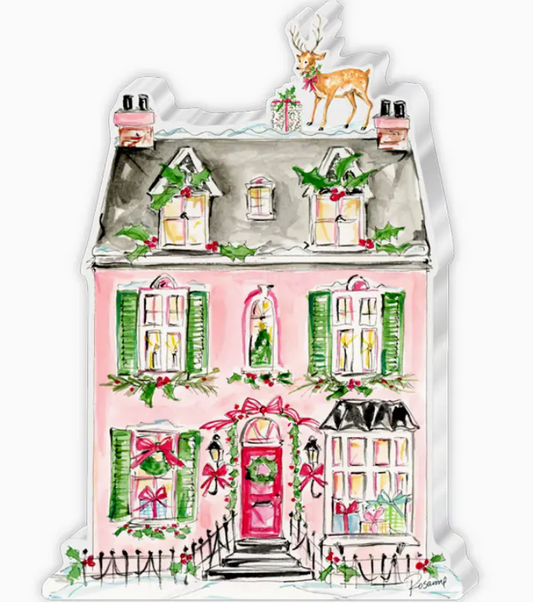 Pink House w/ Reindeer Snow Village Acrylic Art