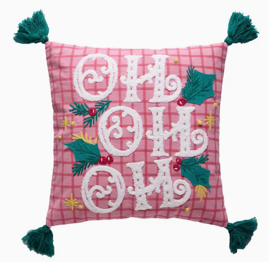 Pink Plaid Hohoho W/Tassels Pillow