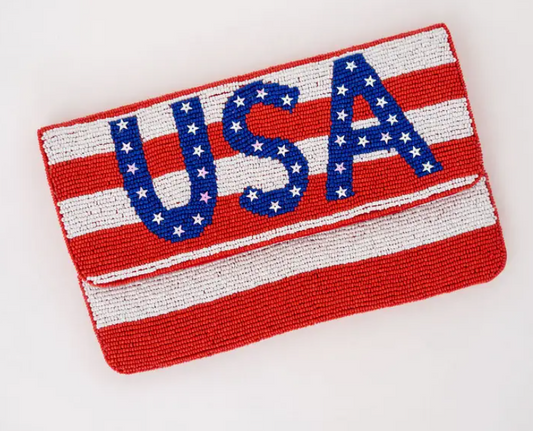 Red White Stripe USA Beaded Clutch