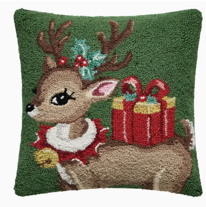 Reindeer W/ Present Hook Pillow
