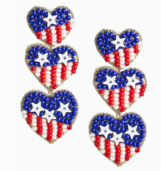 USA Beaded Earrings - Heart Flag Beaded Earrings