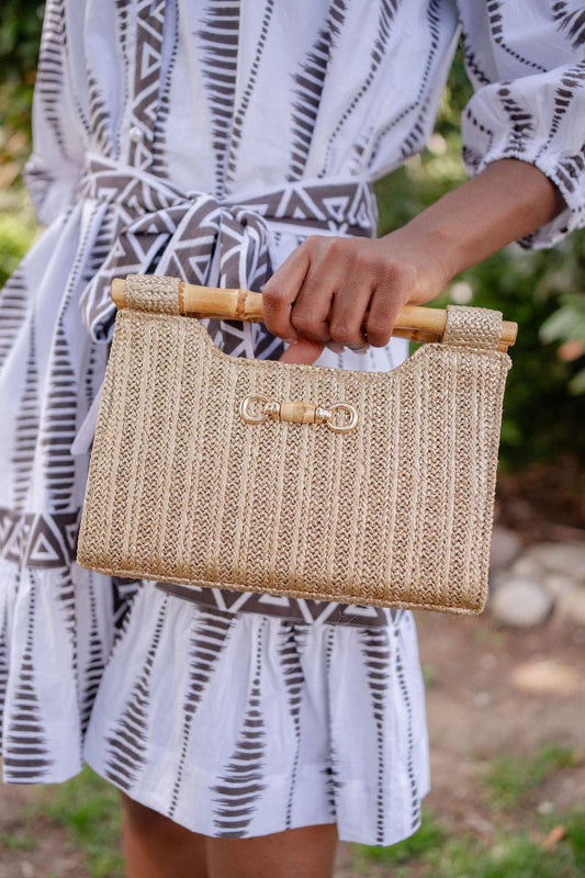 Mary Gold Straw Clutch - Bamboo Natural Handle - Small Bamboo Bar
